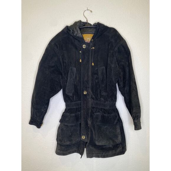 Express Black Vintage 90s Y2K Leather Suede Peplum Parka Jacket Sz XS Zipper - Picture 1 of 16